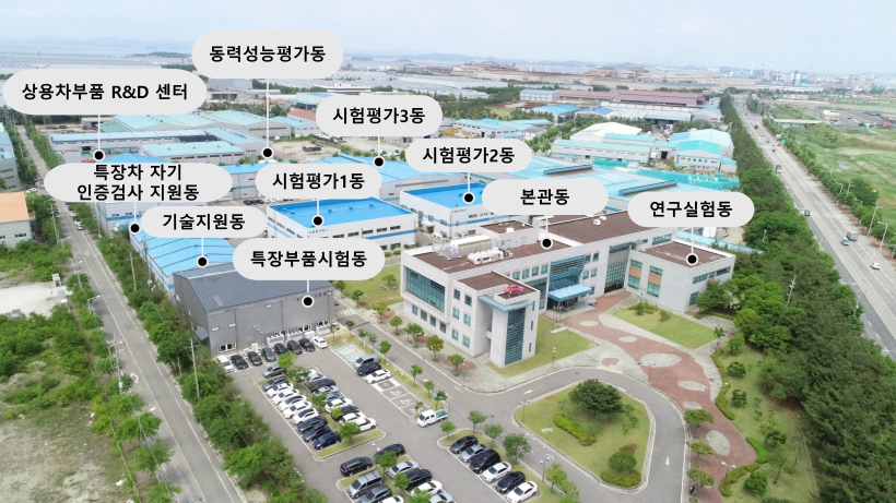 동력성능평가동,시험평가3동,상용차부품R&D센터,시험평가2동,특장차자기,인증검사지원동,연구실험동,기술지원동,시험평가1동,본관동 건물 안내